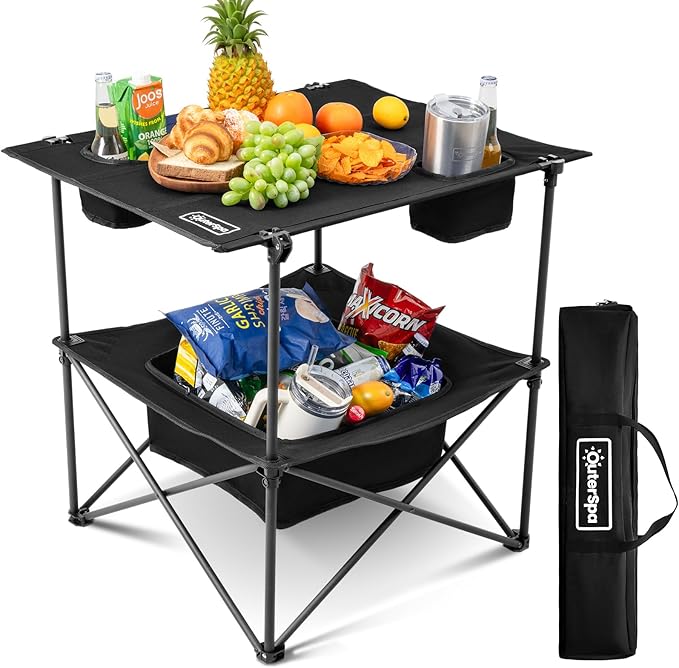 Folding Camping Table, Portable Outdoor Picnic Table, Rectangular Lightweight Camp Table with Storage, Cup Holder and Carry Bag for Barbeque Beach Camping and Tailgate