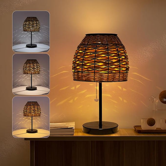 Outdoor Solar Table Lamp,3 Color Temperatures Bedside Lamps with USB-C Ports,Boho Desk Lamps Pull Chain Table Lamps with Black Metal Base for Garden,Yard,Patio,Lawn Outdoor Decor