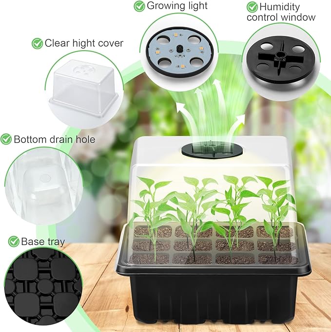 Lunies 6 Packs Seed Starter Trays with Grow Light, Seeding Starter Tray with Adjustable Humidity Dome, Base Indoor Greenhouse Germination Kit for Seed Growing Starting(12 Cells per Tray, Black)