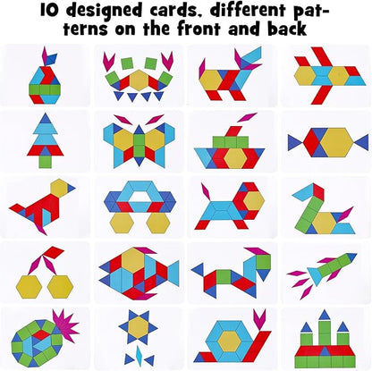 3 otters Wooden Pattern Blocks Shapes for Kids, Geometric Tangram Puzzle with Activity Cards, 150 PCS Educational Toy (Pack of 2)