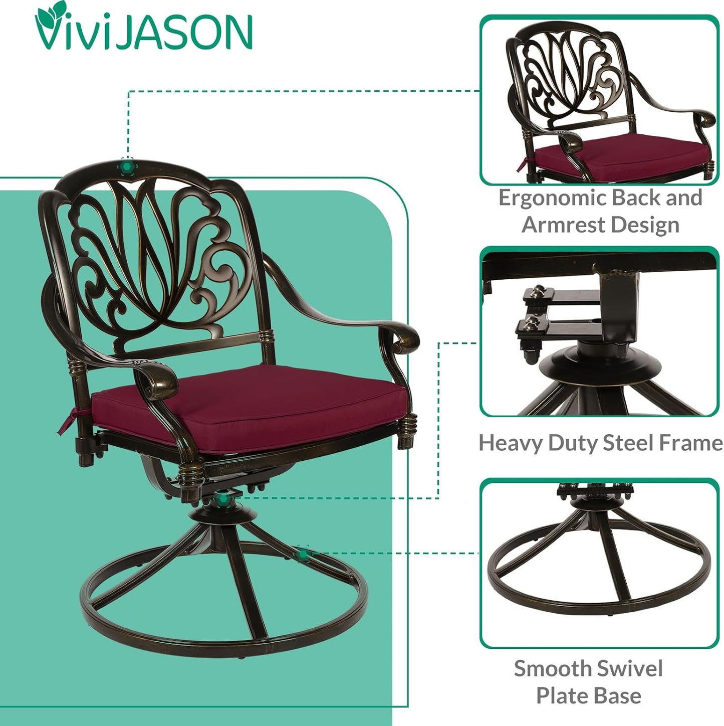 VIVIJASON 3-Piece Patio Furniture Dining Set, Outdoor All-Weather Cast Aluminum Bistro Set, Include 2 Swivel Chairs and 31" Round Table w/Umbrella Hole for Balcony, Lawn, Garden (Red Cushion)