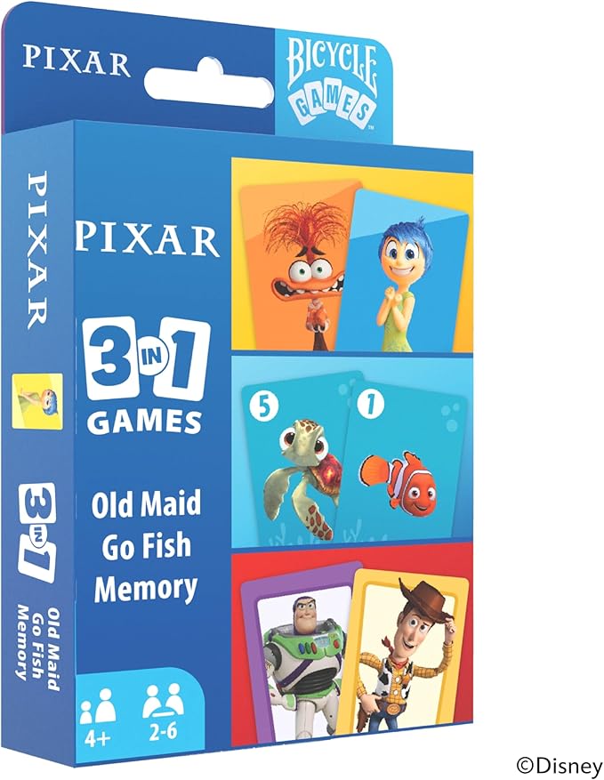 Bicycle Disney and Pixar 3-in-1 Card Games, Old Maid, Go Fish & Memory, Featuring Toy Story, Finding Nemo & Inside Out Characters, Kids Card Games Ages 4+, Family Games for 2-6 Players