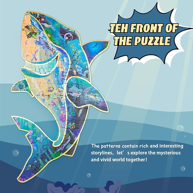 HAS Happiness and Surprise Floor Puzzles for Kids Ages 3-8, Double-Sided Shark Shape Puzzle, Ocean World Puzzles, 48 Pieces Children Jigsaw Puzzle for Boys and Girls Gifts