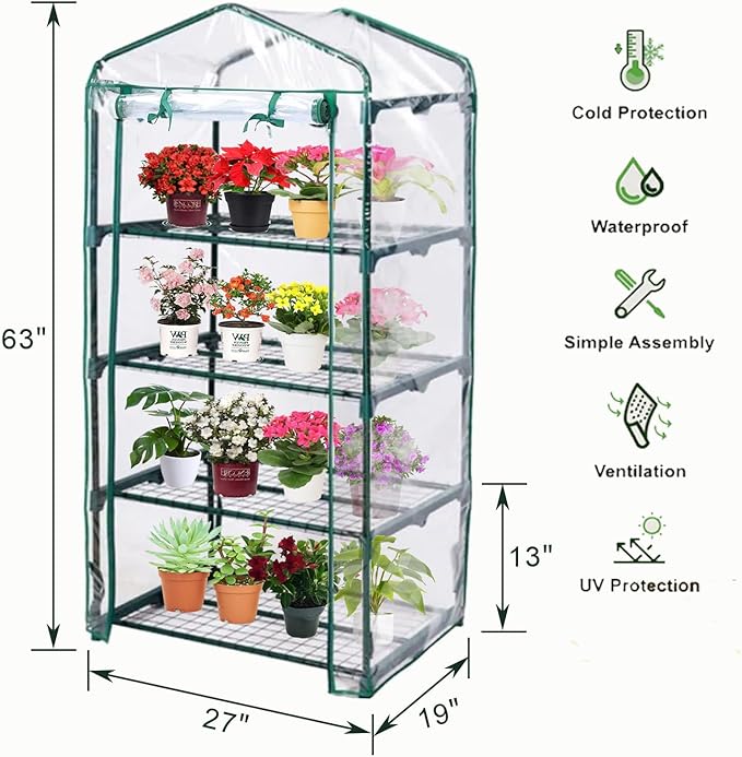 Mini Greenhouse for Indoor Outdoor, Plant Green House 4-Tier Rack Stand Portable Greenhouses with Durable PVC Cover for Seedling, 2.5x1.6x5.2 FT,(PLGH704P)