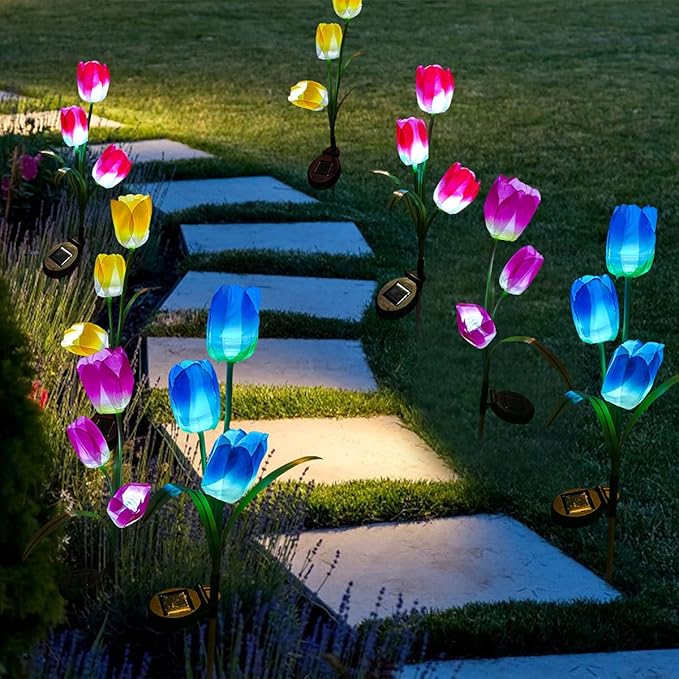 Veesee Outdoor Solar Tulip LED Flower Light, Christmas Gift, Solar Garden Stake Flowers, Decorative Solar Lamp for Patio Lawn,Solar Path Tulip Lights, Lawn, Garden, Yard, Grave Decoration-Red