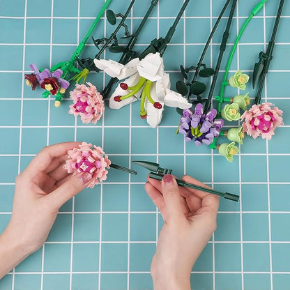 Flower Bouquet Building Blocks Artificial Pink Carnation Botanical Collection Bricks Sets Kits Christmas X'Mas Birthday Anniversary Valentine Gifts for Adults Women Mom Girlfriends(514PCS)