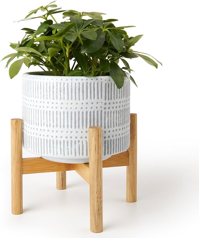 LA JOLIE MUSE Ceramic Plant Pot with Wood Stand - 9.4 Inch Modern Round Decorative Flower Pot Indoor with Wood Planter Holder, Slate Blue and White