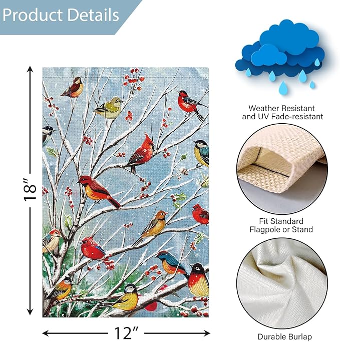 Louise Maelys Welcome Christmas Garden Flag 12x18 Double Sided, Small Burlap Tree Cardinal Birds Xmas Outside Outdoor House Yard Decor