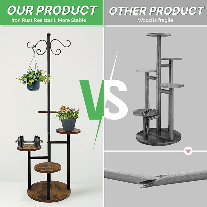 Plant Stand Indoor Outdoor, 4 Tier Hanging Plant Stands, Multiple Plant Display Rack Flower Pot Stand,61'' Tall Metal Plant Holder for Living Room Balcony Garden Patio Black