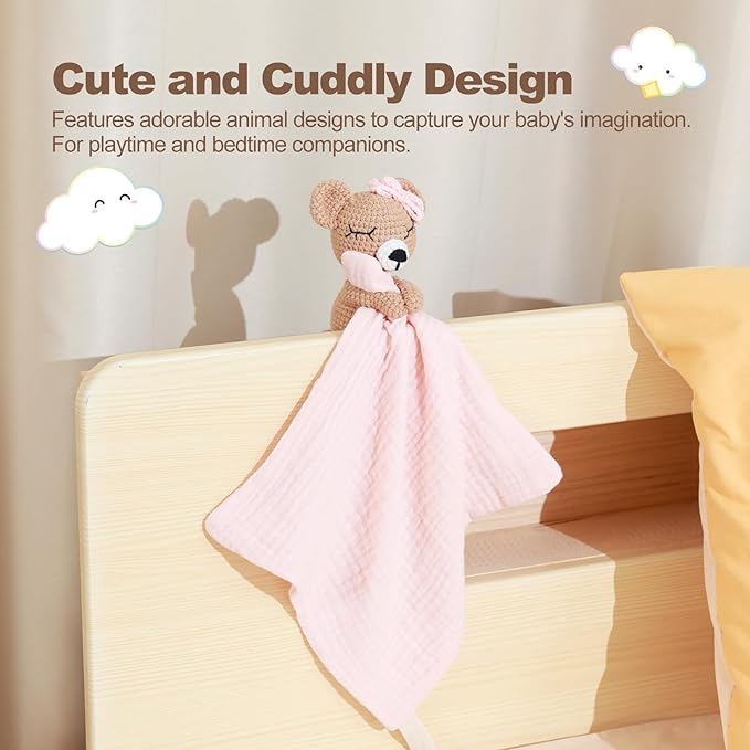 Baby Doll Blankets & Plush Teddy Bear Rattle - Perfect Newborn Girl Essential, Crochet Baby Rattles, Security Blanket, and Sleeping Toys for Babies
