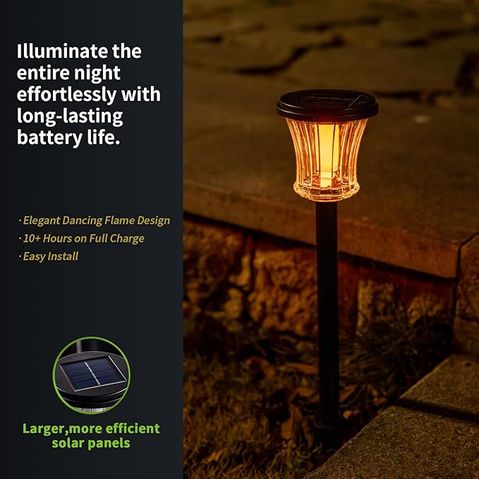 Glass Solar Torch Lights Outdoor Waterproof, Flickering Flame Tiki Torches with Modular Design, Auto On/Off LED Solar Lights for Garden Patio Yard Lawn Pathway Walkway Decorations (6 Pack)