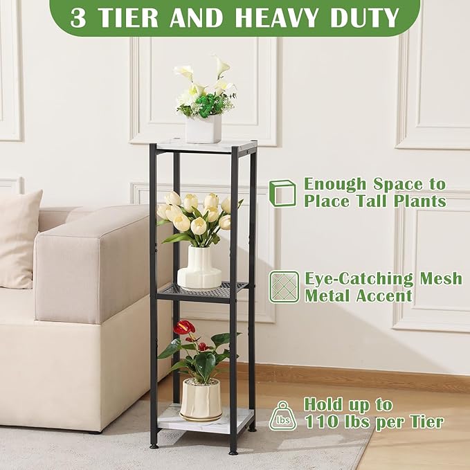 Extra Tall Plant Stand Indoor,40 Inch Plant Stands,3 Tier Metal Plant Stand with Heavy Duty Wood and Metal Mesh Shelf,Marble White and Black