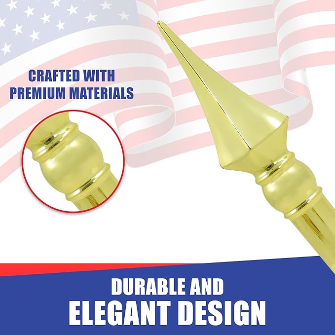 Super Tough Indoor Flag Pole kit 9ft - Plastic Spear - Gold Texture Base - Aluminum Flagpole with Brass Finish - Heavy Duty Inside House Flagstaff - Interior Shaft and Stand - No Ensign Included