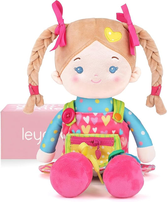 LeyaDoll Educational Soft Baby Doll(16''), Learning Sensory Doll for Toddlers, Montessori Toys for 2-Year-Old Girls Christmas, Birthday Gifts, Plush Doll with Zipper, Shoelace, Button-Busy Sweetheart