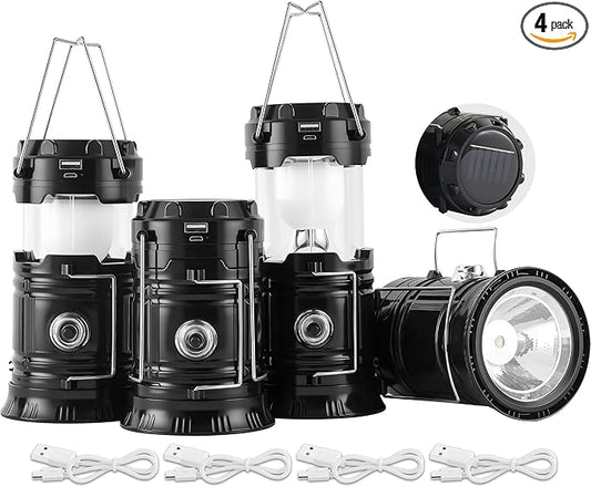Lichamp Collapsible Portable Solar Camping Lantern, USB Rechargeable LED Flashlight - Survival Kits for Power Outages Hurricane Supplies Emergency, Indoor & Outdoor, 4-Pack