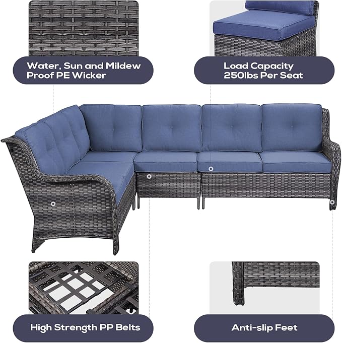 Outdoor Furniture Sectional Sofa L Shaped Couch - Patio Wicker Set with 2 Swivel Glider Chairs, 5 Piece Rattan Patio Conversation Sets with Blue Cushion for Deck Backyard Sunroom
