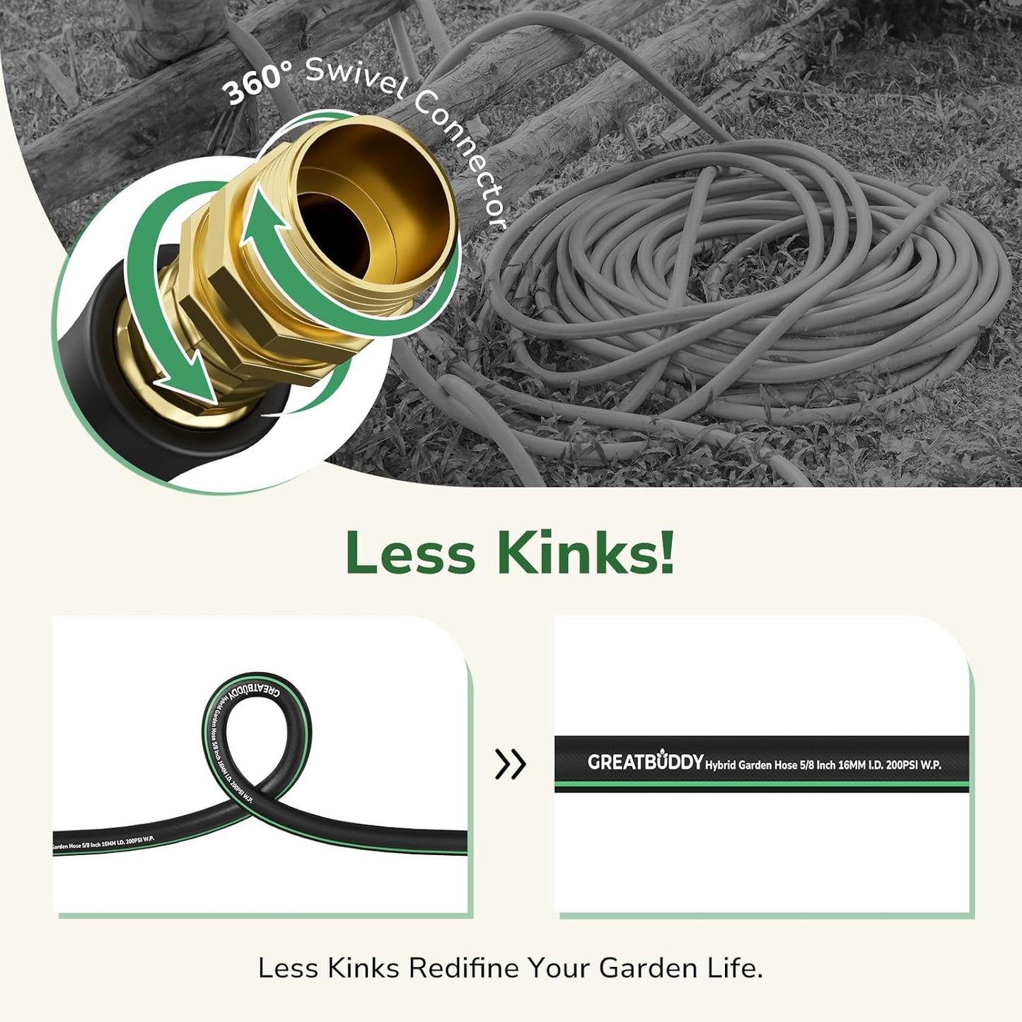 GreatBuddy 100 ft Garden Hose 5/8", Less Kink Heavy Duty Water Hose, Durable & Flexible Hose for Outdoor, Lawn, Car Washing, Pet Bathing and Household