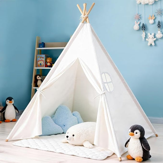 Sumbababy Teepee Tent for Kids Tipi Tent Indoor - Cotton Canvas Kid Tents for Inside with Light & Flag- Foldable Toddler Play Tents for Girls & Boys Slumber Party - Washable Boho Play House Gift Toys