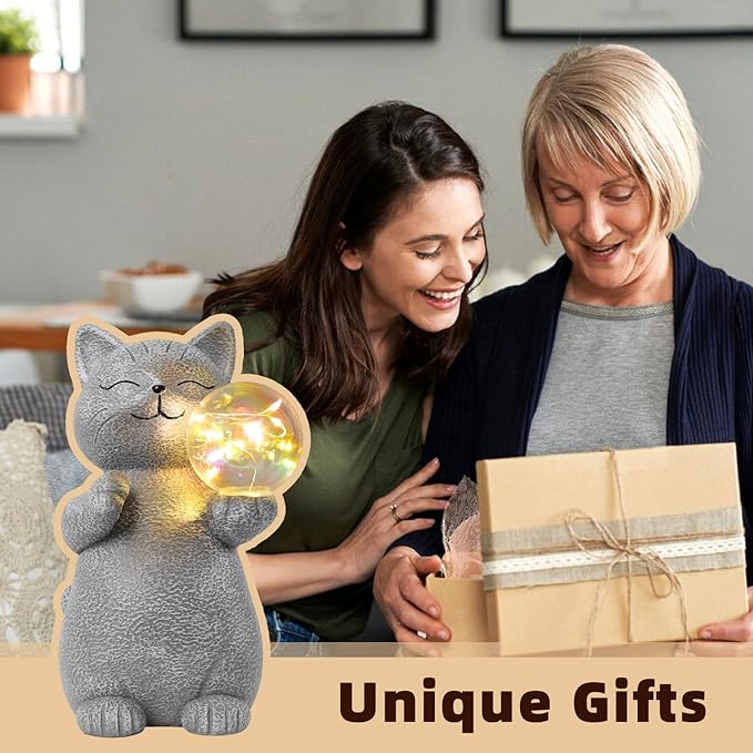 Cat Garden Statue with Solar Ball Light 7.3" Resin Cat Figurine Waterproof for Front Proch Patio Lawn Yard Balcony Decor Birthday Housewarming Gifts for Women Sister Girlfriend Grandma