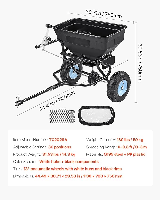VEVOR Tow Behind Broadcast Spreader, 130LBS Capacity, Tow-Behind Lawn Spreader with 13 in Tires, 30 Adjustable Setting & 9.8 ft Spreading Width, Lawn Spreaders for Seed, Fertilizer, Salt, Ice Melt
