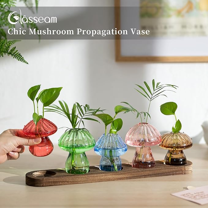Glasseam Mushroom Plant Propagation Stations: Glass Plant Terrarium Jar with Wood Stand Unique Hydroponic Planters for Indoor Plants Cute Propagation Vase for Plant Lovers Home Office Decor 5Pcs