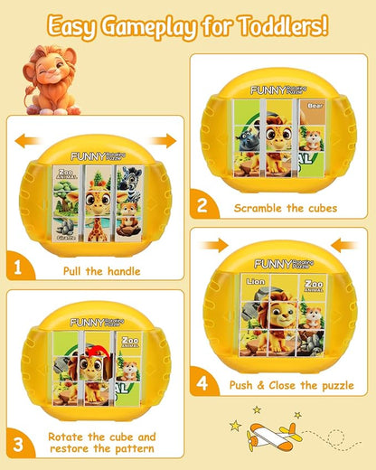Rotating 3D Puzzle for Kids 3 4 5 6 7 Year Old, 4 Puzzles in 1, Handheld Game Fidget Toys for Travel, Cars & Plane, Fine Motor Skills Developing (Zoo Animal Squad)