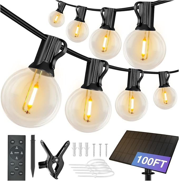 DAYBETTER 100FT Solar String Lights Outdoor Waterproof with Remote,50 LED Bulbs Dimmable&Timer,Patio Lights 3 Installation-Clips,Stakes&Nails for Outside Porch Garden Backyard Bistro