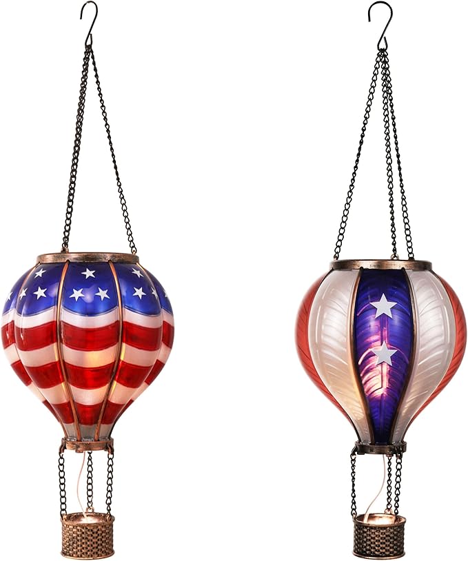 TERESA'S COLLECTIONS America Fourth of July Decorations, Hot Air Balloon Solar Lantern for Garden Decor,Gifts for Women + Memorial Day 17.7'' Hot Air Balloon Solar Lantern