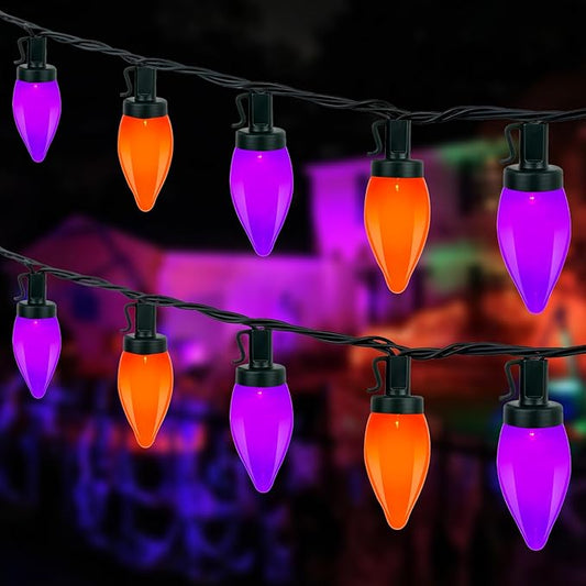 26FT LED Halloween Lights Outdoor, C7 Orange and Purple Halloween Stirng Lights with 50 LED Bulbs, Plug-in Outdoor Halloween Decorations Lights Waterproof for Halloween Patio Outdoor Party Yard Garden