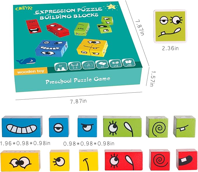Wooden Expressions Matching Block Puzzles Building Cubes Toy Borad Games Educational Montessori Toys for Kids Ages 3 Years and Up
