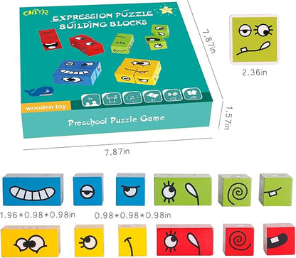 Wooden Expressions Matching Block Puzzles Building Cubes Toy Borad Games Educational Montessori Toys for Kids Ages 3 Years and Up
