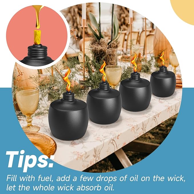 4-Pack Citronella Tabletop Torches, 21.5 oz Table Top Torches for Outdoor, Metal Oil Burner Candles, Garden Torches with Fiberglass Wick for Yard, Patio, Deck, Garden, Party, Landscape