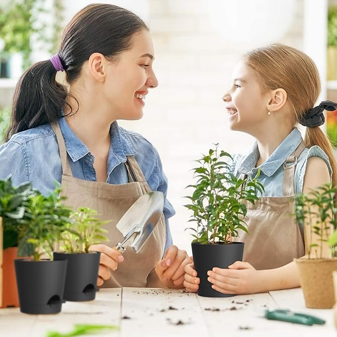 4 inch Self Watering Pots for Indoor Outdoor Plants, 6 Pack Plastic Flower Planters with Drainage Holes and Removable Saucers, Plant Pots with Wicking Rope, Modern Decor, Black