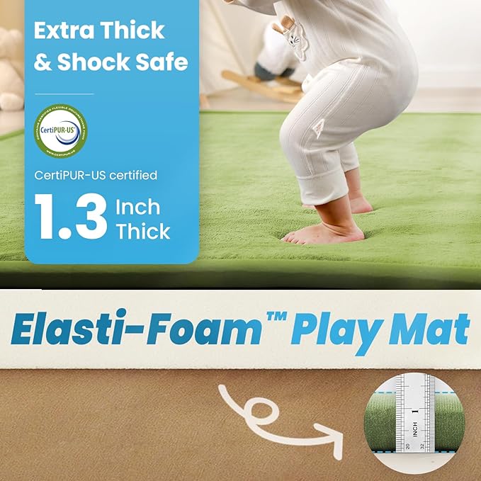 1.3" Thick Baby Play Mat for Floor, 39x59 Foam Tummy Time Mat, Padded Support Soft Plush Nursery Rug for Infant Kids Toddler Crawling Kick Activity (Olive Green)
