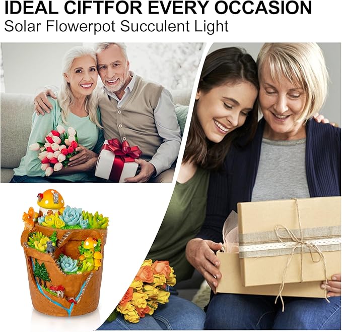 Garden Solar Figurine Light - Flowerpot Succulent Solar Light Outdoor, Solar Powered Lighting Outside Decorations Yard Art Lawn Ornaments for Porch Patio Balcony - Succulent Gifts for Women Mom