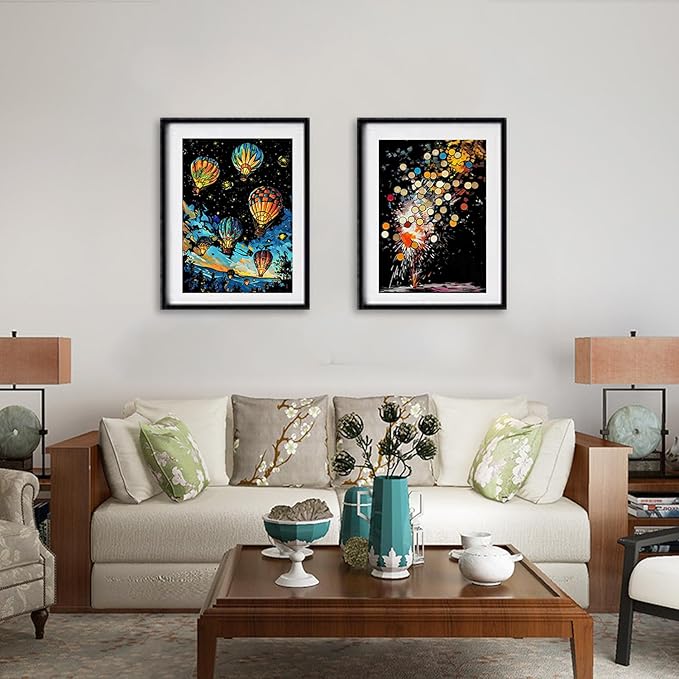 Georgie Porgy Scratch Paper Art Set for Kids Adults Magic Rainbow Painting Boards for DIY Arts and Crafts Kits Christmas Birthday Gift with Scratching Tools Kit (Glow in The Dark Fireworks + Balloon)