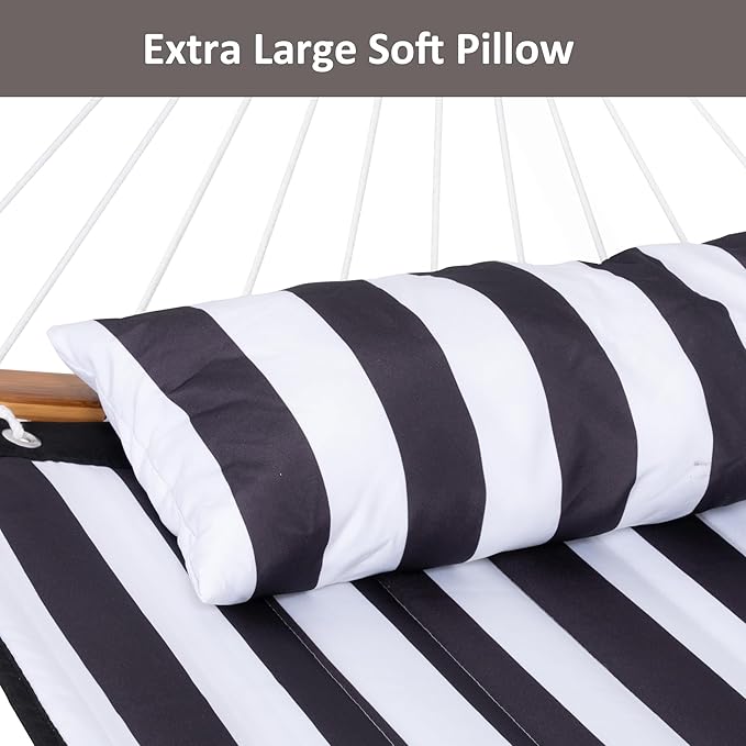 SUNCREAT Hammocks Extra Large Hammock with Stand Included, Double Hammock with Curved Spreader Bar, Black Stripes