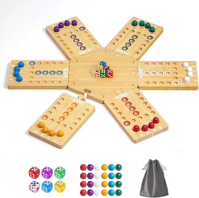 Wooden Marble Board Game for 2-6 Players, Portable Fast Track Board Game with 24 Marbles and 6 Dice for Family Friends, Party Game Night