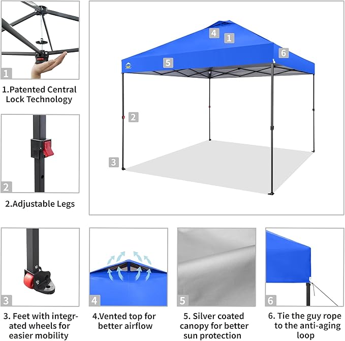 CROWN SHADES 10x10 Pop Up Canopy Tent - Patented Center Lock One Push Instant Outdoor Canopy Beach Tent with STO-N-Go Bag 8 Stakes & 4 Sand Bags，Blue