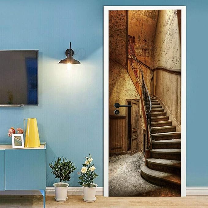 3D Door Wallpaper Self-Adhesive Door Sticker - Old Stairs - Door Film Poster Premium PVC Waterproof Wall Sticker for Bedroom Living Room Door Decoration Wallpaper 77 x 200 cm
