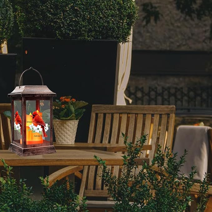 Solar Lanterns Outdoor Hanging Lanterns, Metal with Glass Cardinal Solar Lights, Waterproof Decorative Lantern Garden Decor for Outside Table Patio Yard, Memorial Gifts Grave Decorations for Cemetery