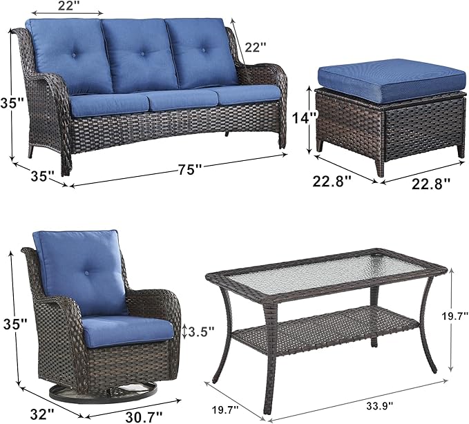 Outdoor Wicker Patio Furniture Set - 6 Piece Rattan Patio Conversation Set with 2 Rocking Swivel Chairs,2 Ottomans,1 Sofa and 1 Coffee Table for Porch Deck Backyard Garden(Brown/Blue)