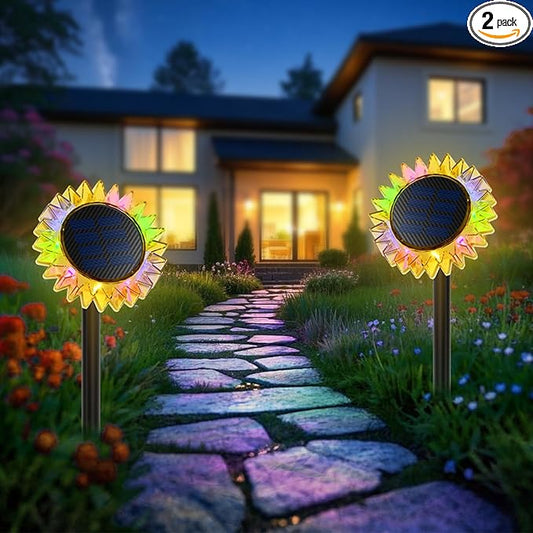 Outdoor Solar Lights, 2 Pack Led Solar Sunflower Lights, Stake/Wall 2-in-1 Waterproof Solar Garden Lights for Yard, Landscape, Fence, Patio, Driveway, Pathway, Backyard Decoration (Colourful)