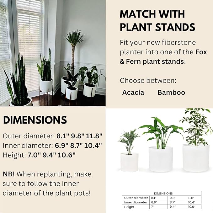 Fox & Fern Matte White Plant Pots with Drainage Plug (Set of 3) — Premium Lightweight Fiberstone 8, 10, and 12 Inch Planters for Indoor and Outdoor Use; Weather Resistant & UV Resistant