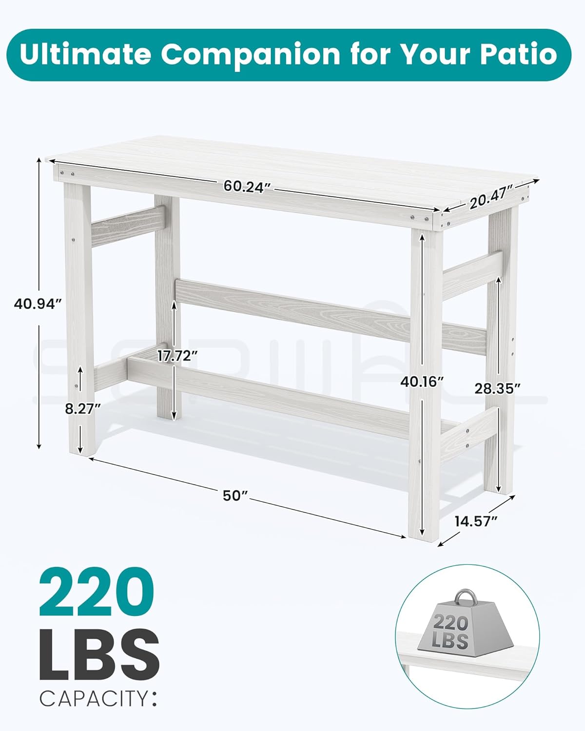 SERWALL 41" Outdoor Bar Table, HDPE Patio Bar Counter Height Table, All Weather Adirondack Outdoor Bar Height Table, Rectangle Patio Bar Table for Outside, Garden, Backyard, Balcony, Poolside, White