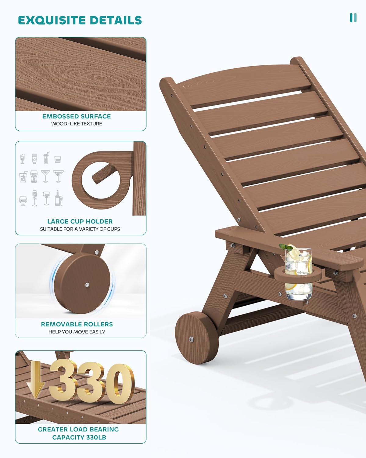 SERWALL Patio Chaise Lounge Chair Set of 2 with 9FT Patio Umbrella, 78'' HDPE Outdoor Lounger, Poly Lounge Chair with Rolling Wheels & Cup Holder for Pool,Wooden Brown (Umbreall Base not Included)