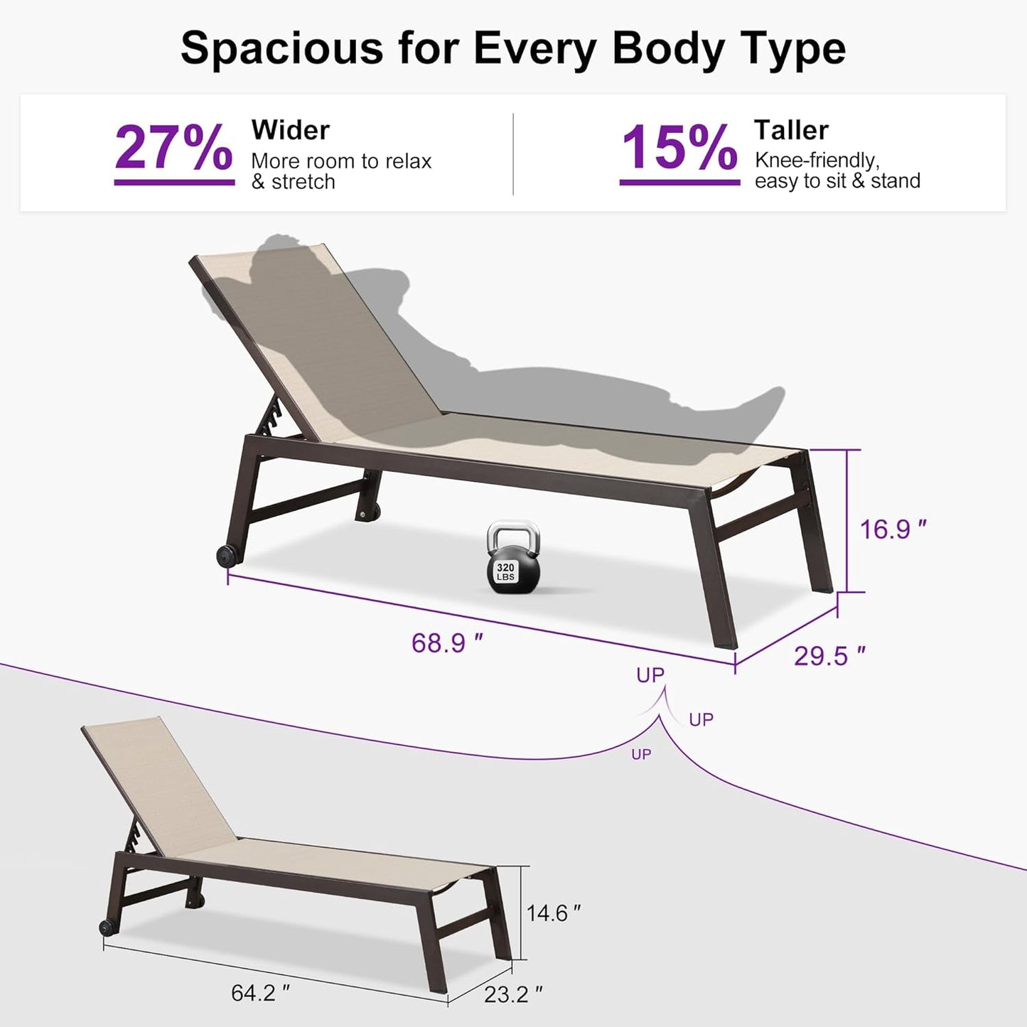 PURPLE LEAF Oversized Patio Lounge Chairs Set of 3, Reclining Pool Lounge Chairs with Side Table and Wheels for All Weather for Outdoor, Deck, Lawn, Aluminum Outside Pool, Cream