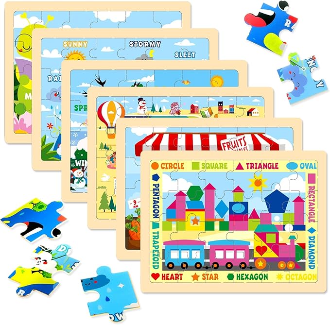 Christmas Wooden Puzzles for Toddlers 3-5,6 Packs 24Pcs Jigsaw Wooden Number Shape Puzzles for Ages 4-8,Preschool Educational Brain Toys Gifts for Boys and Girls 2 4 3 5 Year Old（Season）