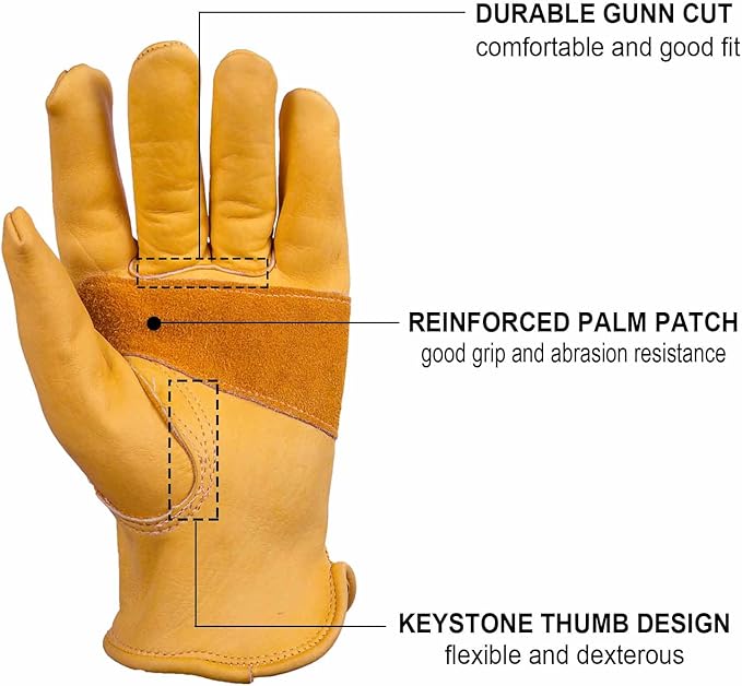 OZERO Leather Work Gloves Flex Grip Stretchable Tough Cowhide Work Gloves 1 Pair (Gold, Medium)