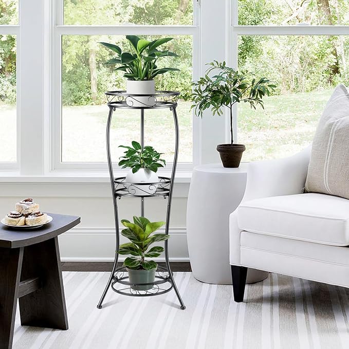 Metal Plant Stand Shelf Rack Indoor Outdoor Multiple Black 3 Tier Tall Corner Flower Pot Holder Stands Tiered Wrought Iron Planter Shelves for Patio Living Room Balcony Office (Black)